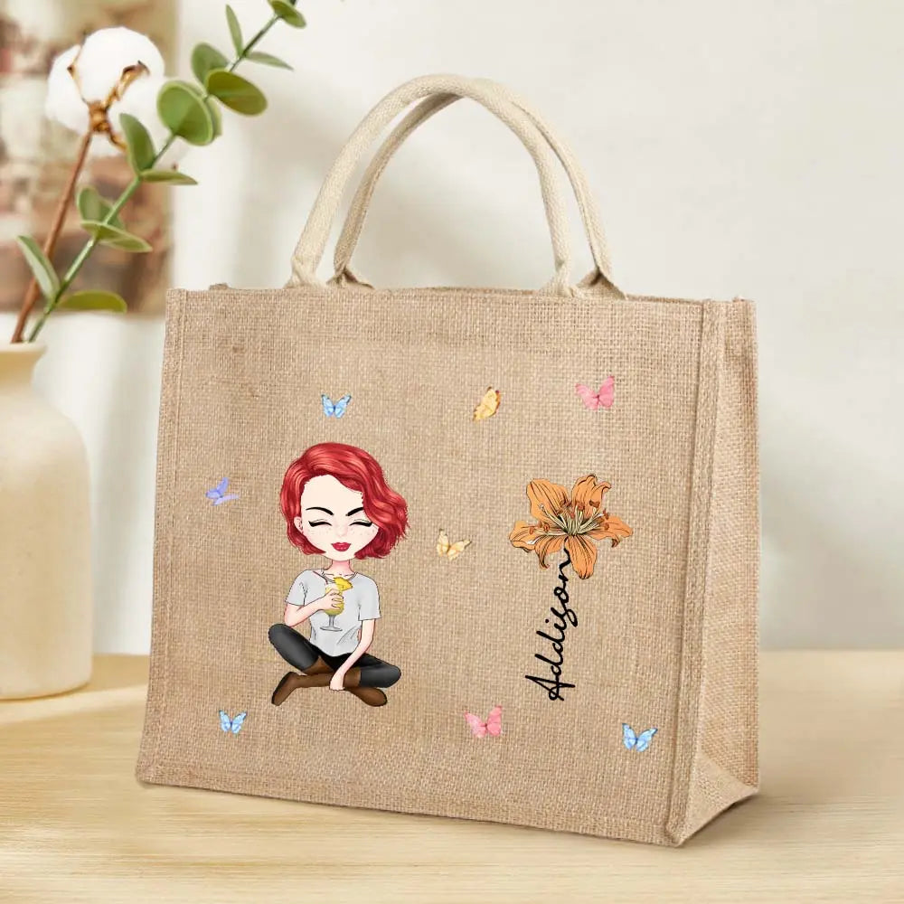 Personalized Cartoon Women Girl Birth Flower Grandma's Garden Jute Tote Bag with Name Birthday Gift for Her