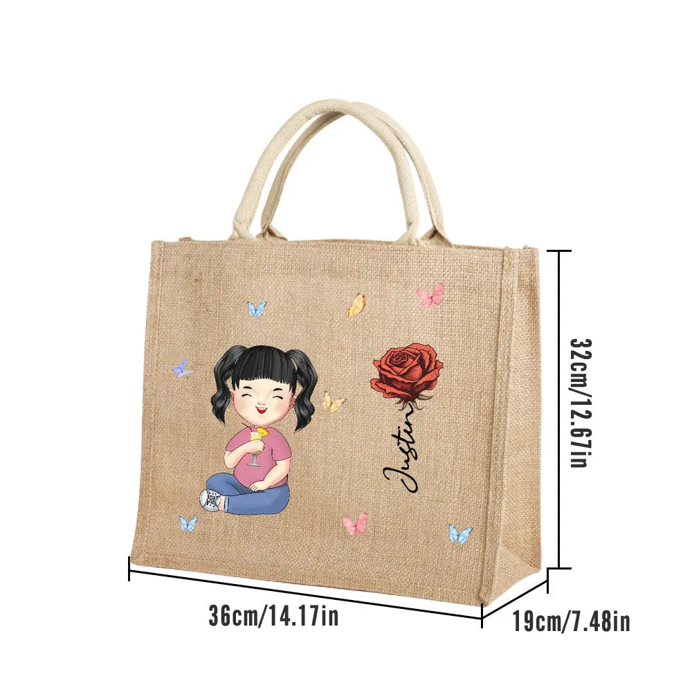 Personalized Cartoon Women Girl Birth Flower Grandma's Garden Jute Tote Bag with Name Birthday Gift for Her