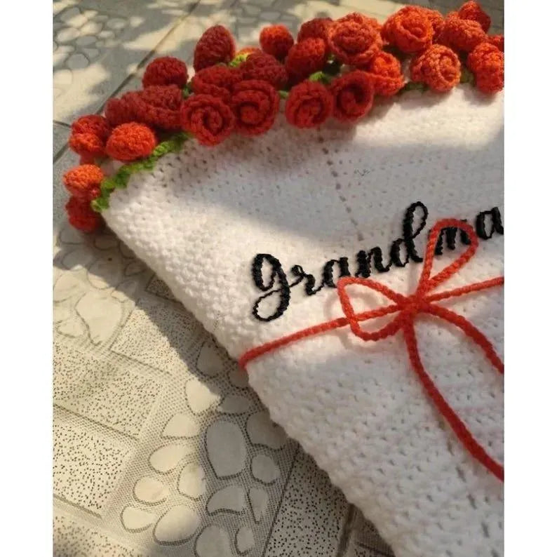 Custom Name Hand-Knitted Rose Blanket Ready-Made Gift for Mother's Day