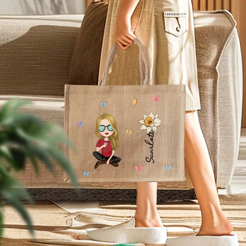 Personalized Cartoon Women Girl Birth Flower Grandma's Garden Jute Tote Bag with Name Birthday Gift for Her
