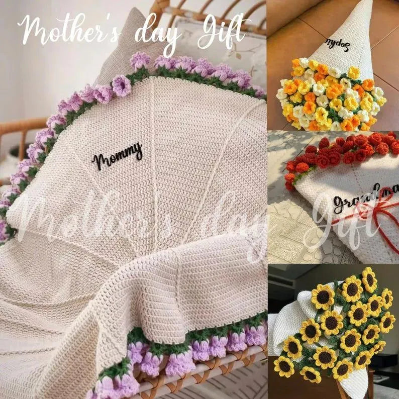 Custom Name Hand-Knitted Rose Blanket Ready-Made Gift for Mother's Day