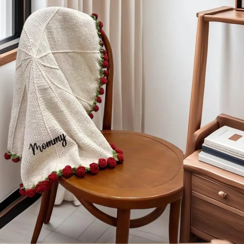 Custom Name Hand-Knitted Rose Blanket Ready-Made Gift for Mother's Day