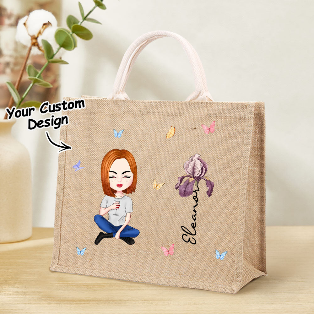 Personalized Cartoon Women Girl Birth Flower Grandma's Garden Jute Tote Bag with Name Birthday Gift for Her