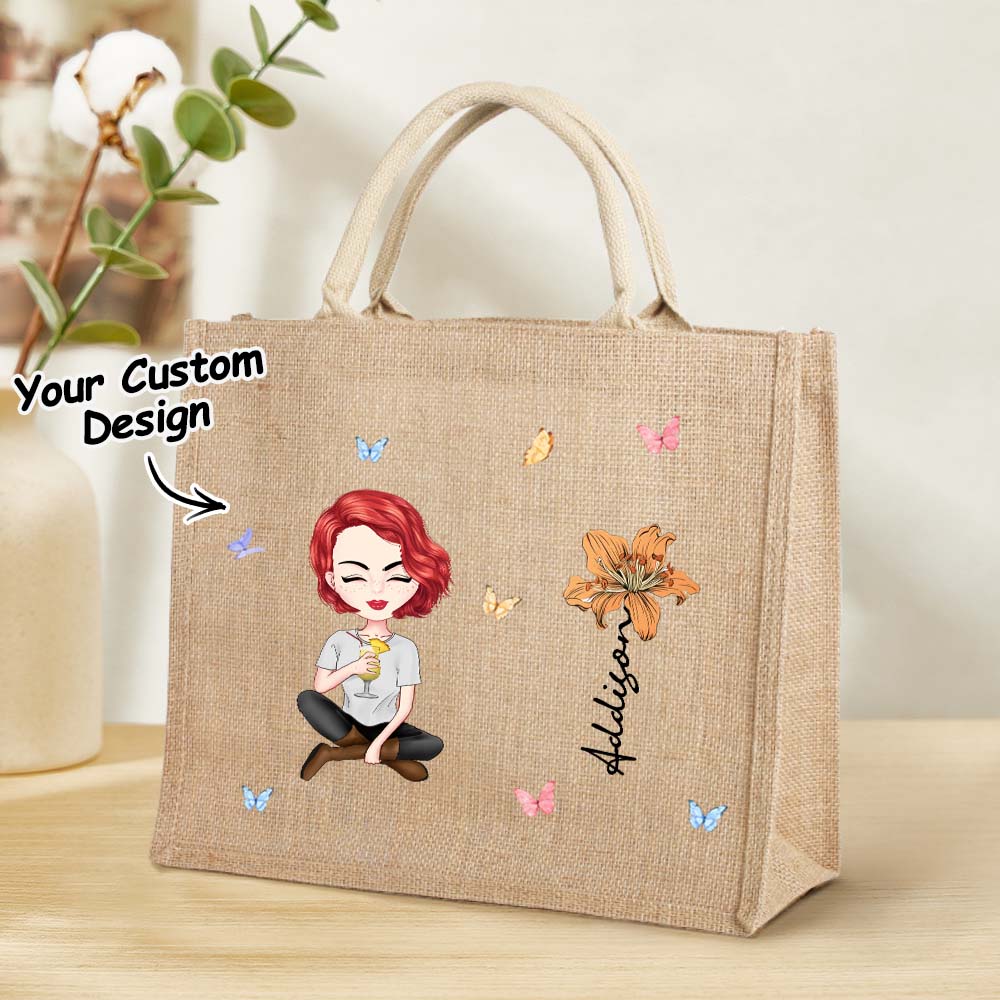 Personalized Cartoon Women Girl Birth Flower Grandma's Garden Jute Tote Bag with Name Birthday Gift for Her