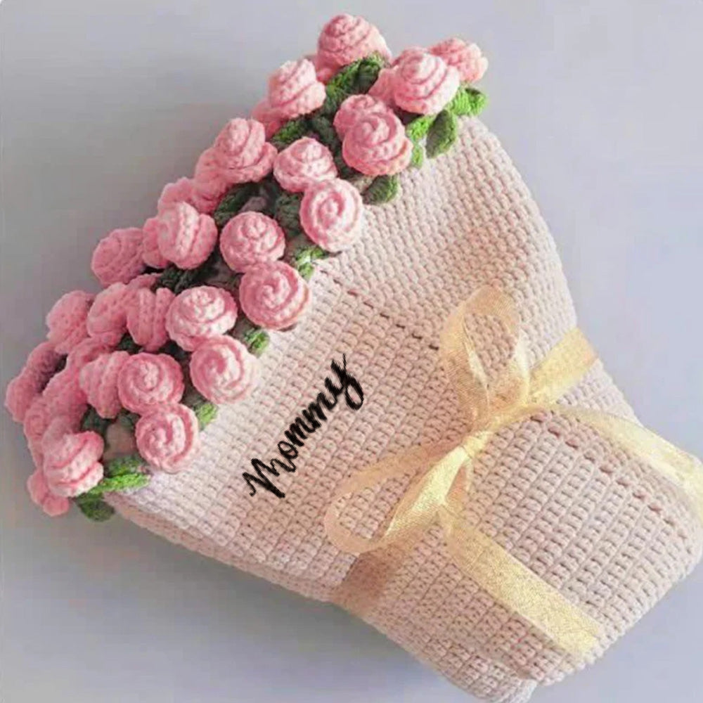 Custom Name Hand-Knitted Rose Blanket Ready-Made Gift for Mother's Day