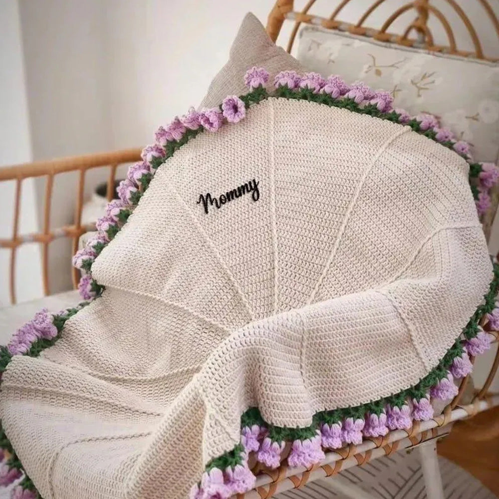 Custom Name Hand-Knitted Rose Blanket Ready-Made Gift for Mother's Day